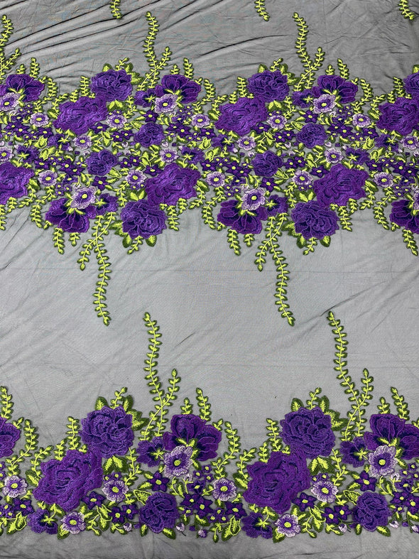 Purple Roses Multi Color Floral Design Embroider on a Black Mesh Lace Fabric- Sold by the yard.