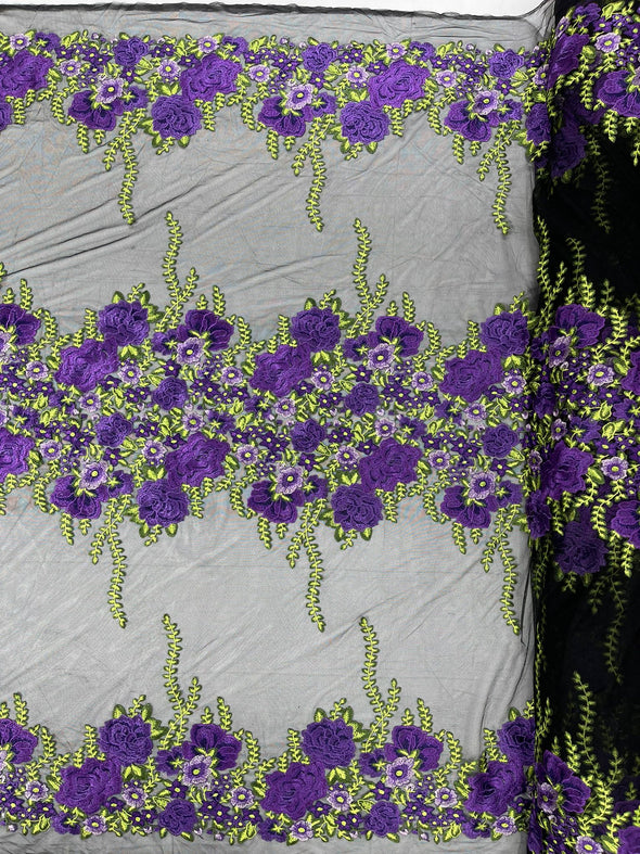 Purple Roses Multi Color Floral Design Embroider on a Black Mesh Lace Fabric- Sold by the yard.