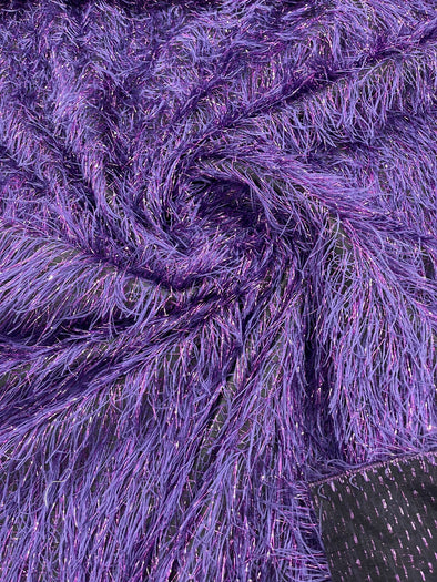 Purple Shaggy Jacquard Faux Ostrich/Eye Lash Feathers Sewing Fringe With Metallic Thread Fabric By The Yard