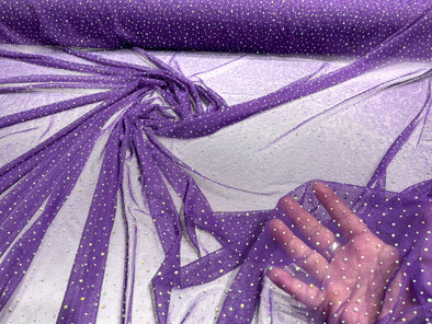 Purple Sheer All Over AB Rhinestones On Stretch Power Mesh Fabric, Sold by The Yard
