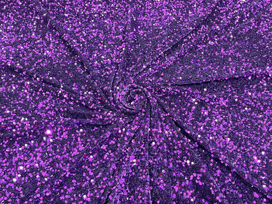 Purple 54" Stretch Velvet with Luxury Sequins All Over 5mm Shining Sequins 2-Way Stretch. Sold by the yard.