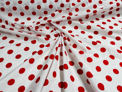 Red Dot On White 58/60" Wide Poly Cotton Polka Dot Fabric Sold by The Yard.