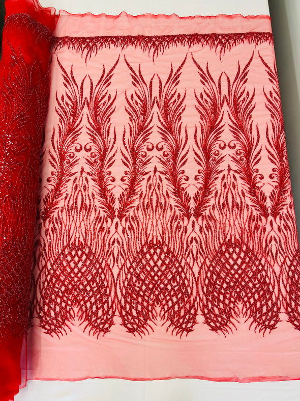 Red Feathers damask embroider and heavy beaded on a mesh lace fabric- Sold by the yard