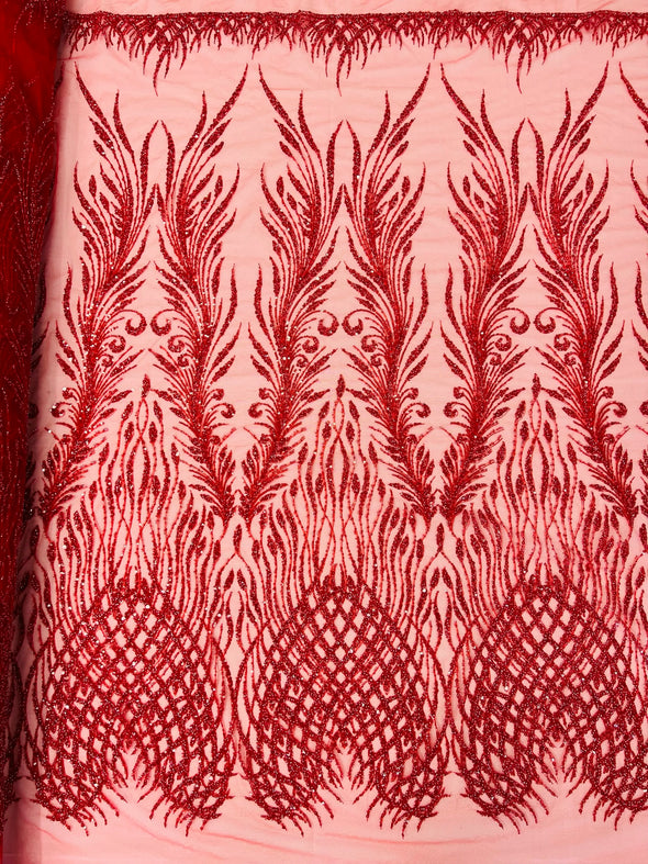 Red Feathers damask embroider and heavy beaded on a mesh lace fabric- Sold by the yard