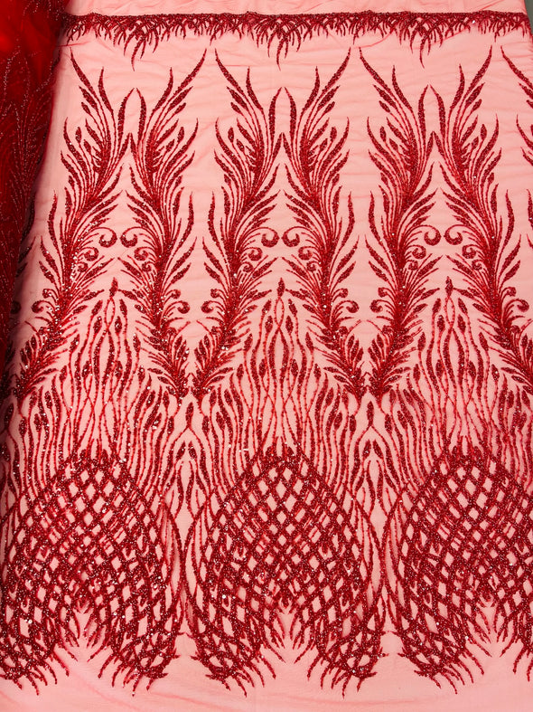 Red Feathers damask embroider and heavy beaded on a mesh lace fabric- Sold by the yard