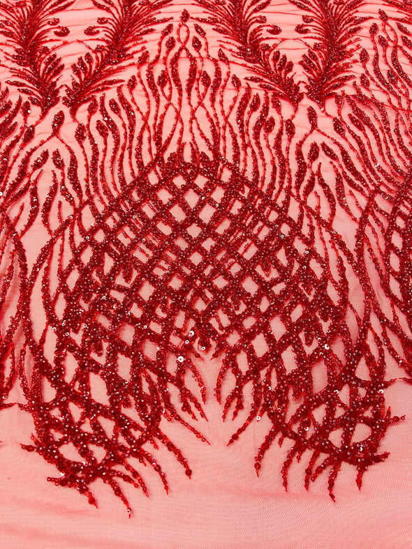 Red Feathers damask embroider and heavy beaded on a mesh lace fabric- Sold by the yard
