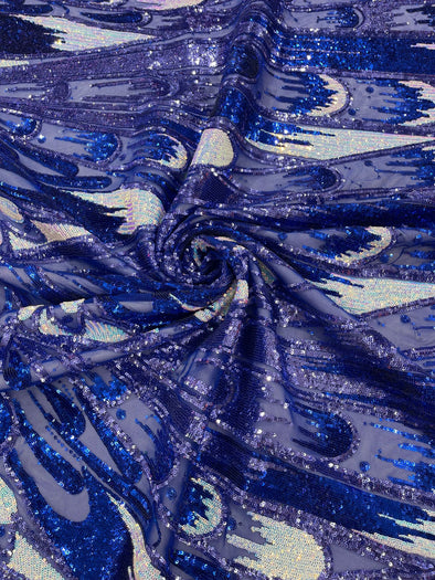 Royal Blue Aqua On Blue Iridescent Feather sequin design on a Blue 4 way stretch mesh Fabric-prom- Sold by the yard
