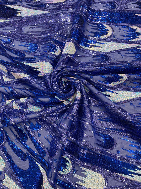 Iridescent Feather sequin design on a Blue 4 way stretch mesh Fabric-prom- Sold by the yard