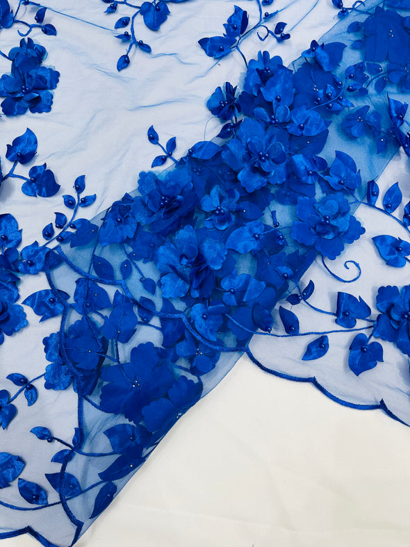 Royal Blue Double Scalloped Orquidia 3D Floral Design Embroider and Beaded With Pearls On a Mesh Lace-Prom-Dresses-Apparel-Fashion SoldByYard