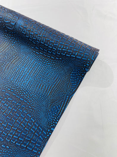 Royal Blue Two Tone Metallic Gator Fake Leather Upholstery, 3-D Crocodile Skin Texture Faux Leather PVC Vinyl/54" Wide