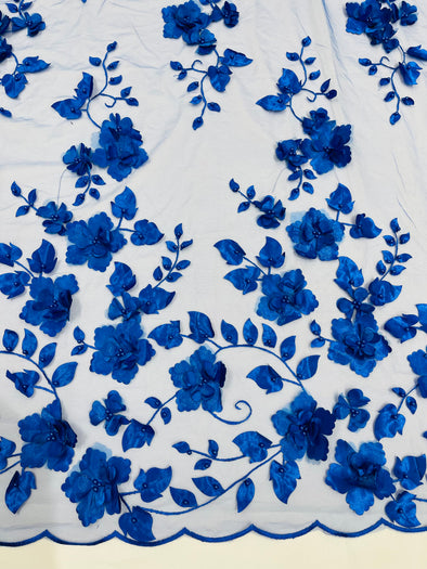 Royal Blue Double Scalloped Orquidia 3D Floral Design Embroider and Beaded With Pearls On a Mesh Lace-Prom-Dresses-Apparel-Fashion SoldByYard