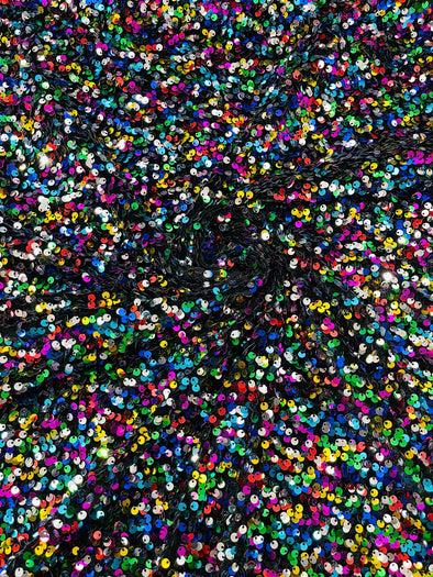 Rainbow-Black 54" Stretch Velvet with Luxury Sequins All Over 5mm Shining Sequins 2-Way Stretch. Sold by the yard.