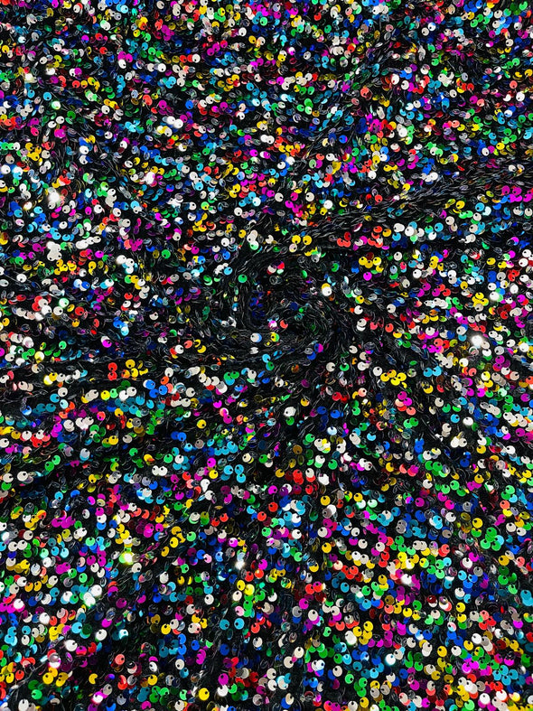 Rainbow-Black 54" Stretch Velvet with Luxury Sequins All Over 5mm Shining Sequins 2-Way Stretch. Sold by the yard.