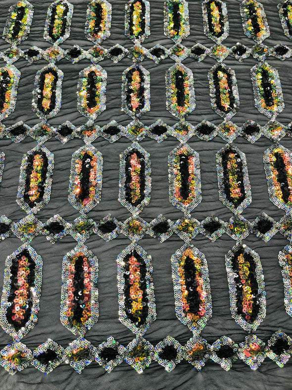 Rainbow Silver Multi Color Iridescent Jewel Sequin Design On a 4 Way Stretch Mesh Fabric - Sold By The Yard