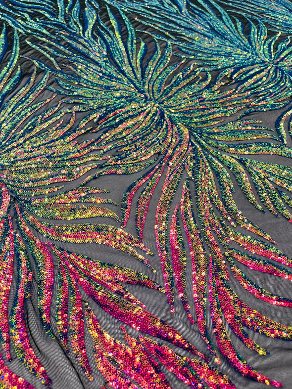 Rainbow Iridescent Phoenix Feather Design with Sequins Embroider on a Black 4 way Stretch Mesh Fabric- Sold by the yard.