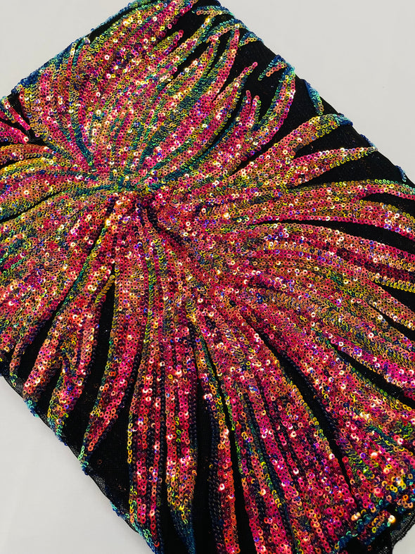 Rainbow Iridescent Phoenix Feather Design with Sequins Embroider on a Black 4 way Stretch Mesh Fabric- Sold by the yard.