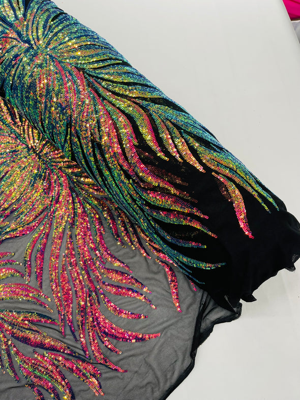 Rainbow Iridescent Phoenix Feather Design with Sequins Embroider on a Black 4 way Stretch Mesh Fabric- Sold by the yard.