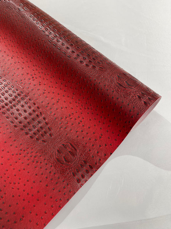 Red-Black 54” Wide Gator/Ostrich Two Tone Fake Leather Upholstery, 3-D Crocodile Skin Texture Faux Leather Vinyl Fabric/By The Yard.