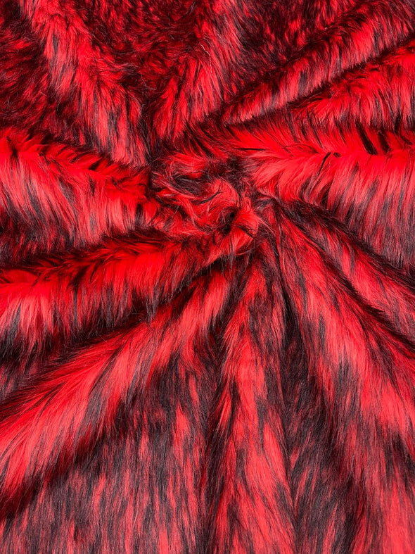 Red- Black Husky Faux Fur, 2 Tone Shaggy Faux Fur 60" Wide.