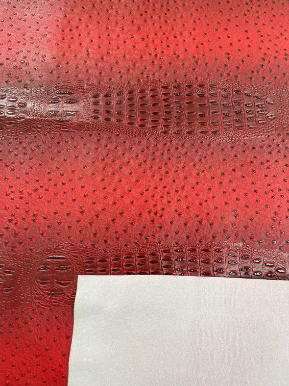 Red-Black 54” Wide Gator/Ostrich Two Tone Fake Leather Upholstery, 3-D Crocodile Skin Texture Faux Leather Vinyl Fabric/By The Yard.