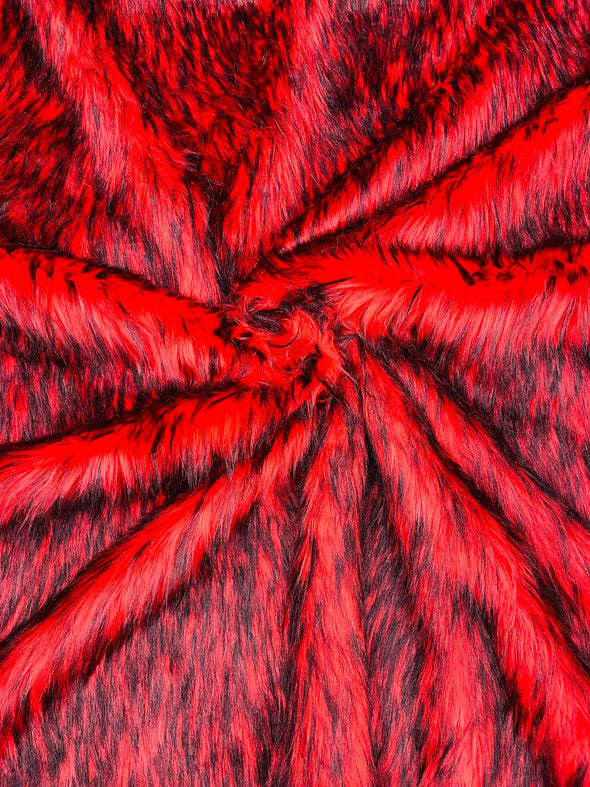 Red- Black Husky Faux Fur, 2 Tone Shaggy Faux Fur 60" Wide.