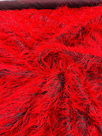 Red Shaggy Jacquard Faux Ostrich/Eye Lash Feathers Sewing Fringe With Metallic Thread Fabric By The Yard