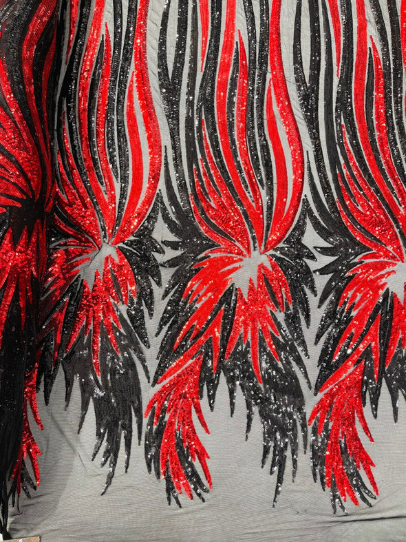 Red-Black Iridescent Sequin Wings design on a Black 4 way stretch mesh fabric- prom-nightgown-By the yard