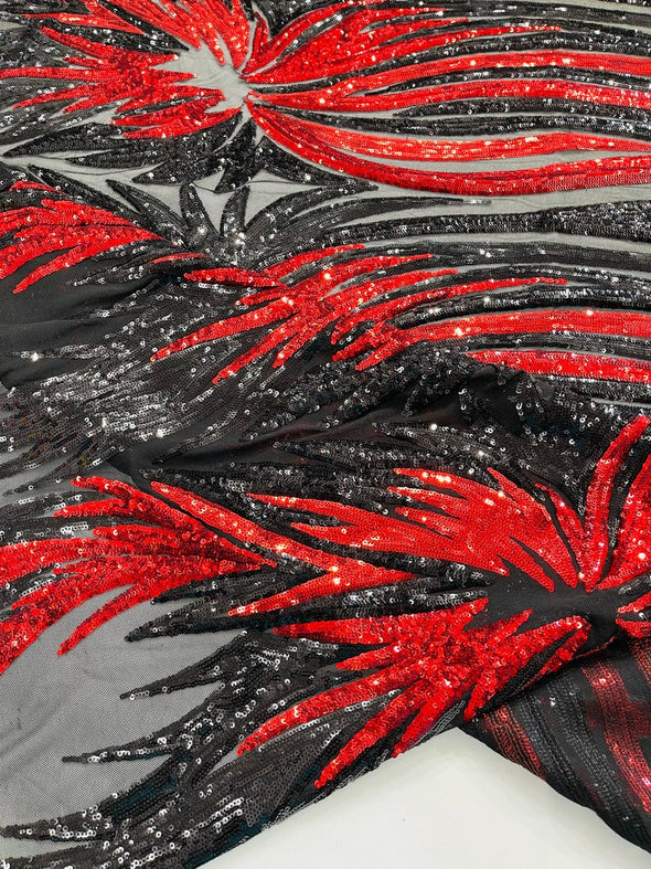 Red-Black Iridescent Sequin Wings design on a Black 4 way stretch mesh fabric- prom-nightgown-By the yard