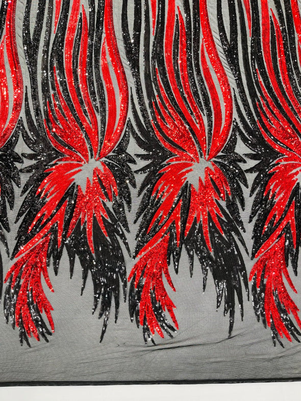 Red-Black Iridescent Sequin Wings design on a Black 4 way stretch mesh fabric- prom-nightgown-By the yard