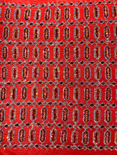Red Silver On Red Multi Color Iridescent Jewel Sequin Design On a 4 Way Stretch Mesh Fabric - Sold By The Yard