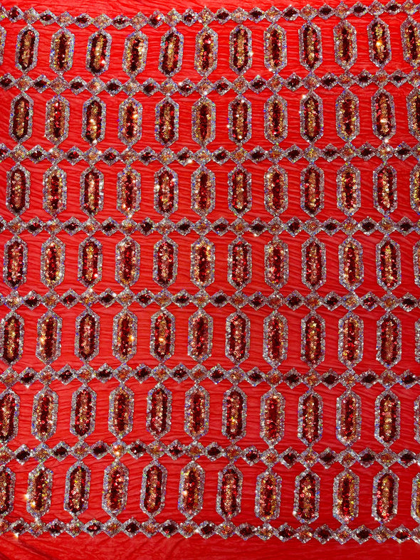 Red Silver On Red Multi Color Iridescent Jewel Sequin Design On a 4 Way Stretch Mesh Fabric - Sold By The Yard