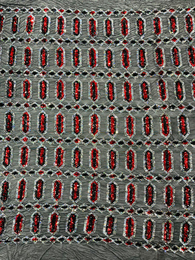 Red Silver Multi Color Iridescent Jewel Sequin Design On a 4 Way Stretch Mesh Fabric - Sold By The Yard