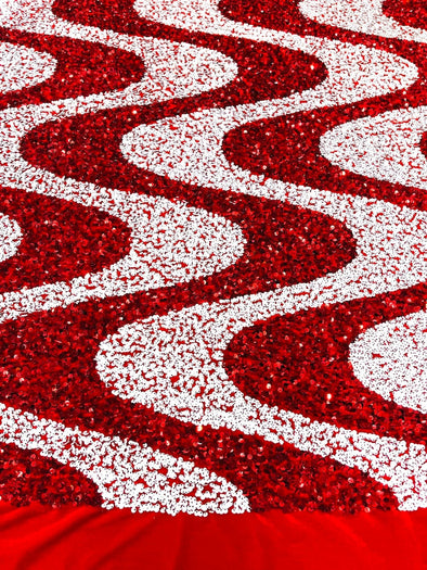 Red- White Sequin Wave Design stretch velvet all over 5mm shining sequins 2-way stretch, sold by the yard.