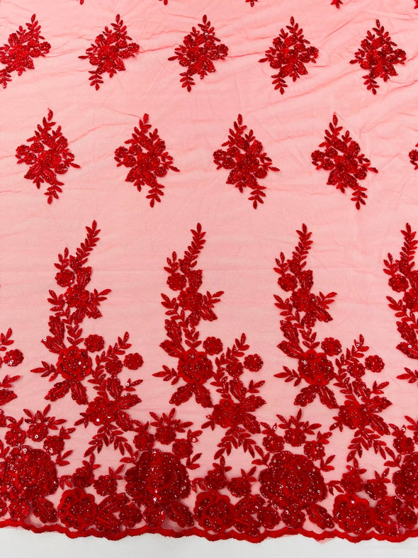 Red Floral design embroider and beaded on a mesh lace fabric-Wedding/Bridal/Prom/Nightgown fabric.