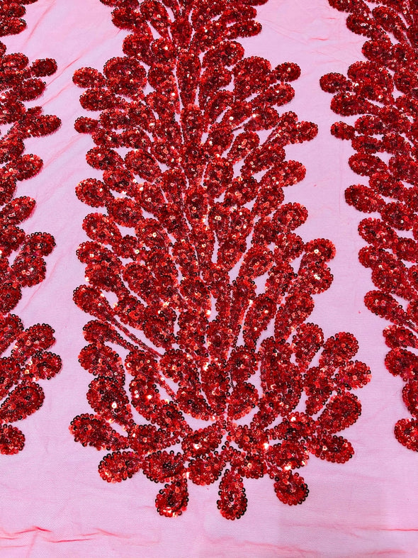 Red New Vegas heavy beaded feather design embroidery on a mesh fabric-Sold by the panel