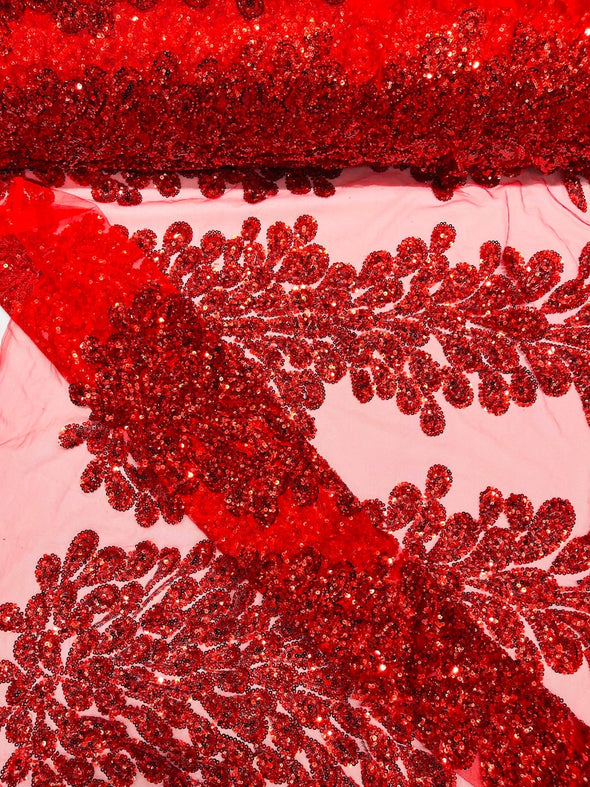 Red New Vegas heavy beaded feather design embroidery on a mesh fabric-Sold by the panel