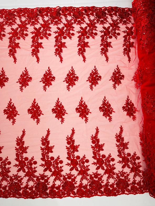 Red Floral design embroider and beaded on a mesh lace fabric-Wedding/Bridal/Prom/Nightgown fabric.