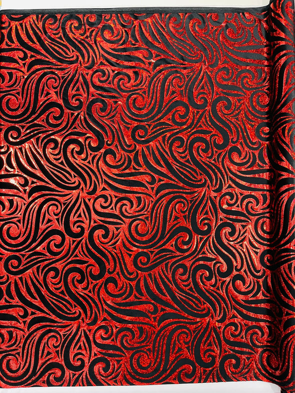 Holographic Foil Tribal Flame Design On A Stretch Velvet Fabric. By The Yard