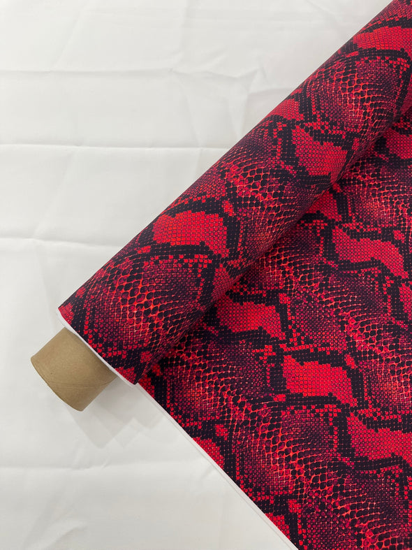 Red Black Python Snake Print on a 4 way Stretch Nylon Spandex/58” wide/- Sold by the yard.