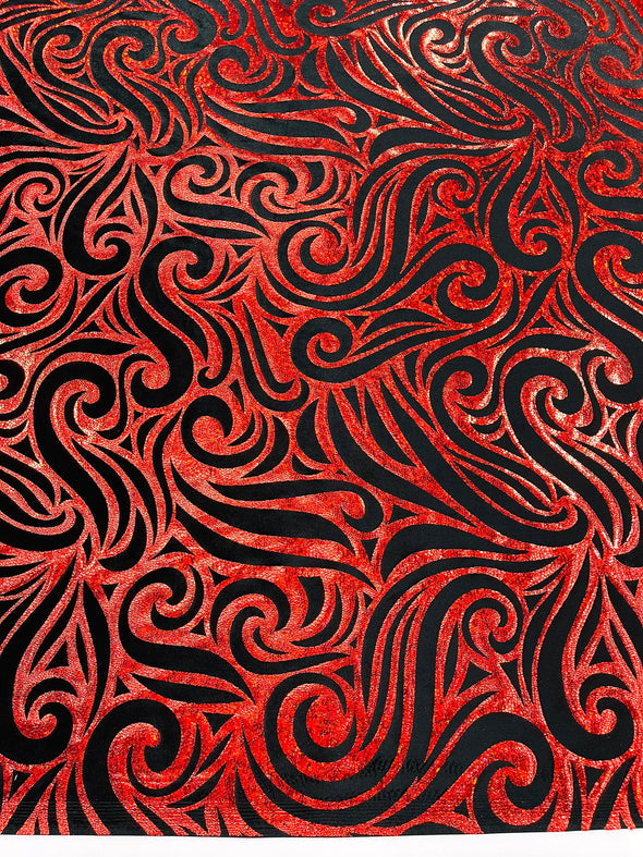 Holographic Foil Tribal Flame Design On A Stretch Velvet Fabric. By The Yard