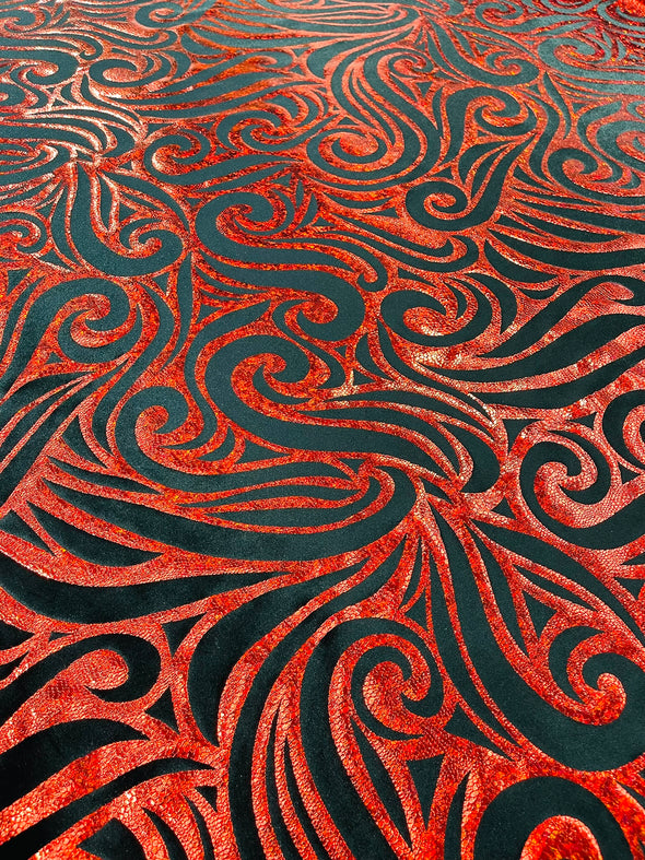Holographic Foil Tribal Flame Design On A Stretch Velvet Fabric. By The Yard