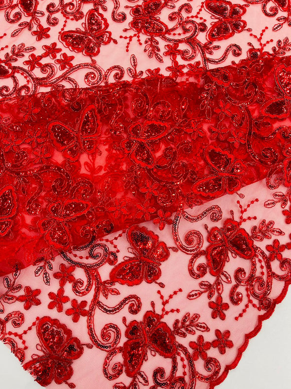 Red Metallic Corded Lace/ Butterfly Design Embroidered With Sequin on a Mesh Lace Fabric