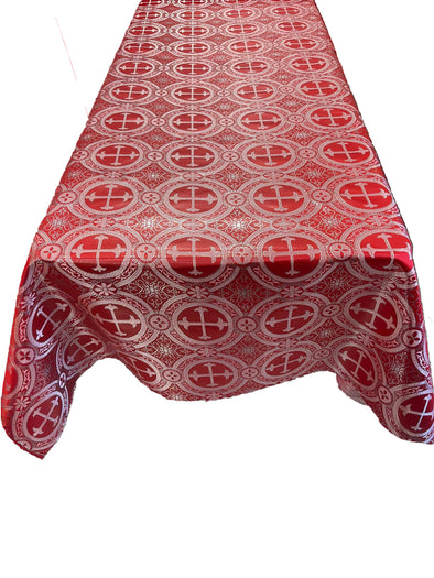 Red Rectangular Metallic Cross Brocade Jacquard Satin Table Overlay/Religious Brocade/Liturgical Fabric/Church.