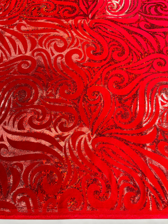 Holographic Foil Tribal Flame Design On A Stretch Velvet Fabric. By The Yard