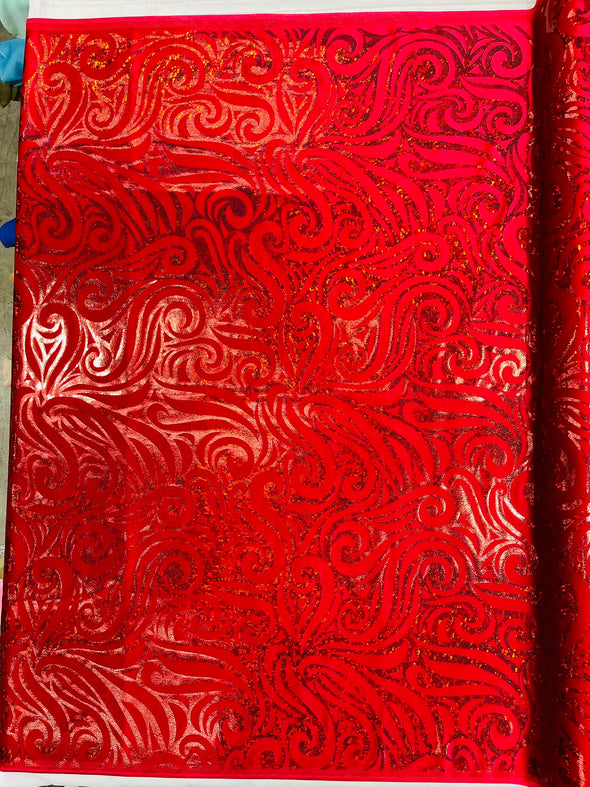 Holographic Foil Tribal Flame Design On A Stretch Velvet Fabric. By The Yard