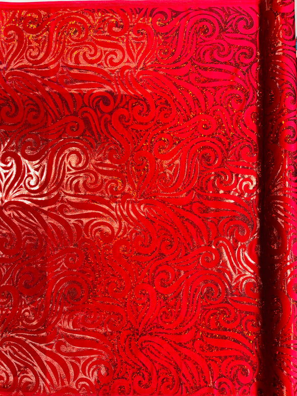 Holographic Foil Tribal Flame Design On A Stretch Velvet Fabric. By The Yard