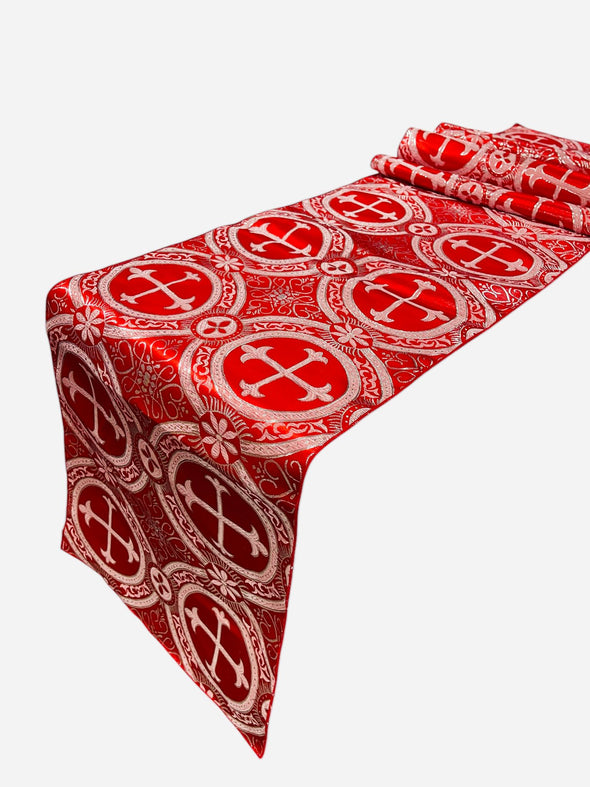 Red Silver Religious Brocade Runner Tablecloth | Liturgical Fabric | Runner Ecclesiastical Jacquard | Church | Vestment-Cross Brocade.