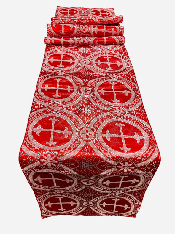 Red Silver Religious Brocade Runner Tablecloth | Liturgical Fabric | Runner Ecclesiastical Jacquard | Church | Vestment-Cross Brocade.