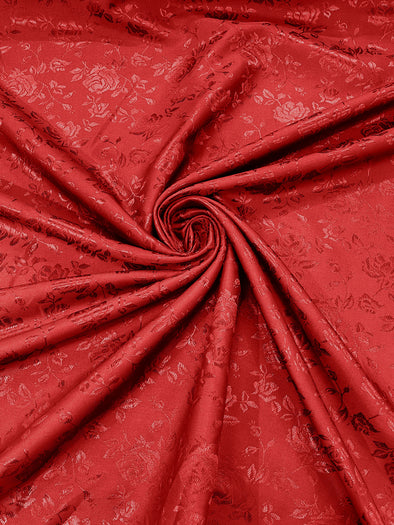 Red Polyester Roses/Floral Brocade Jacquard Satin Fabric/ Cosplay Costumes, Table Linen- Sold By The Yard.