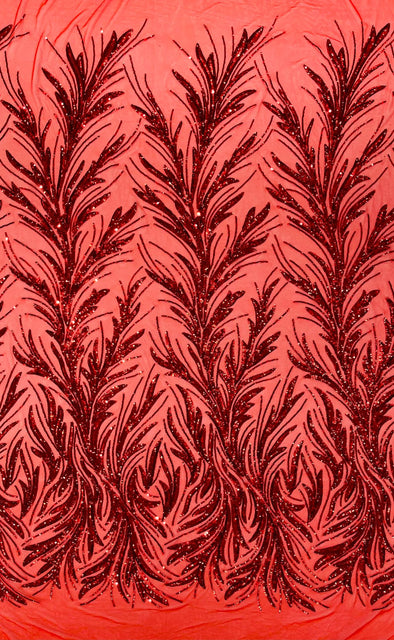 Red Feather damask shiny sequin design on a 4 way stretch mesh Fabric-prom-Sold by the yard